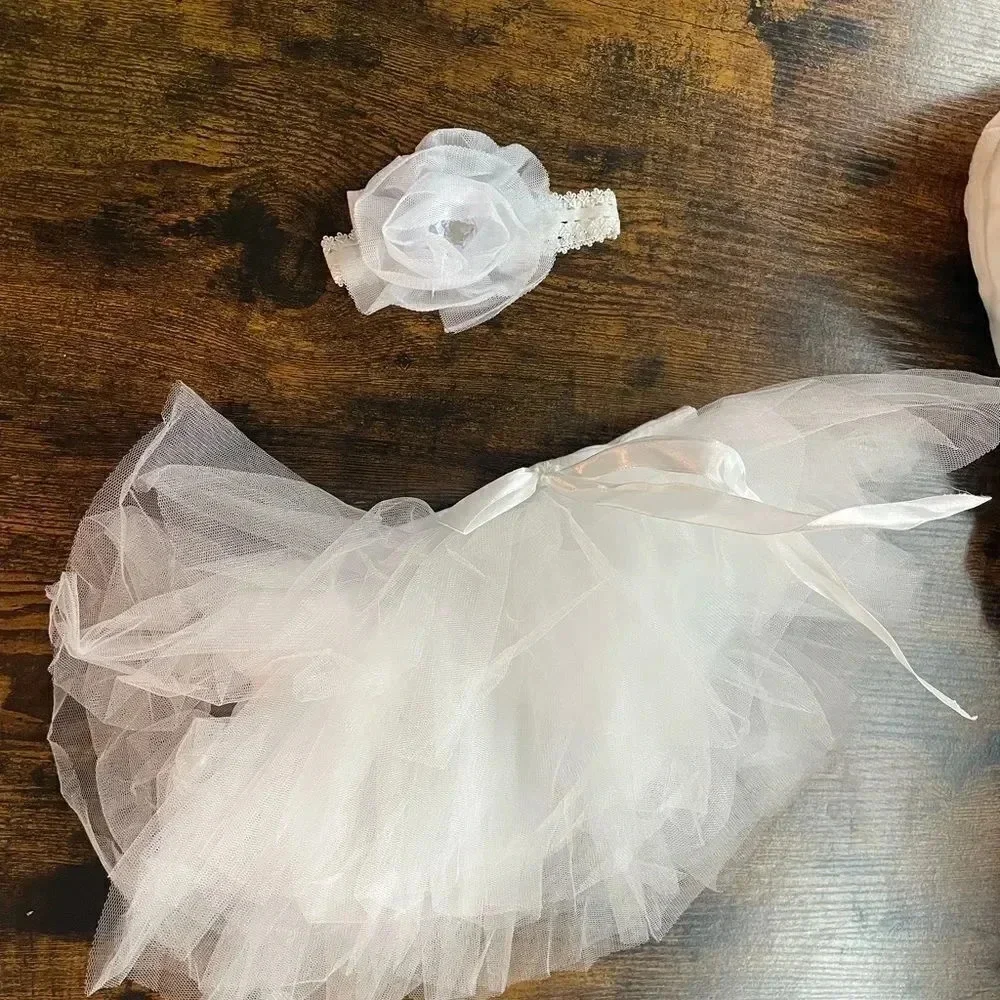 Newborn Photography Props Layered Bowknot Waistband Tutu Skirt +Flower Headband